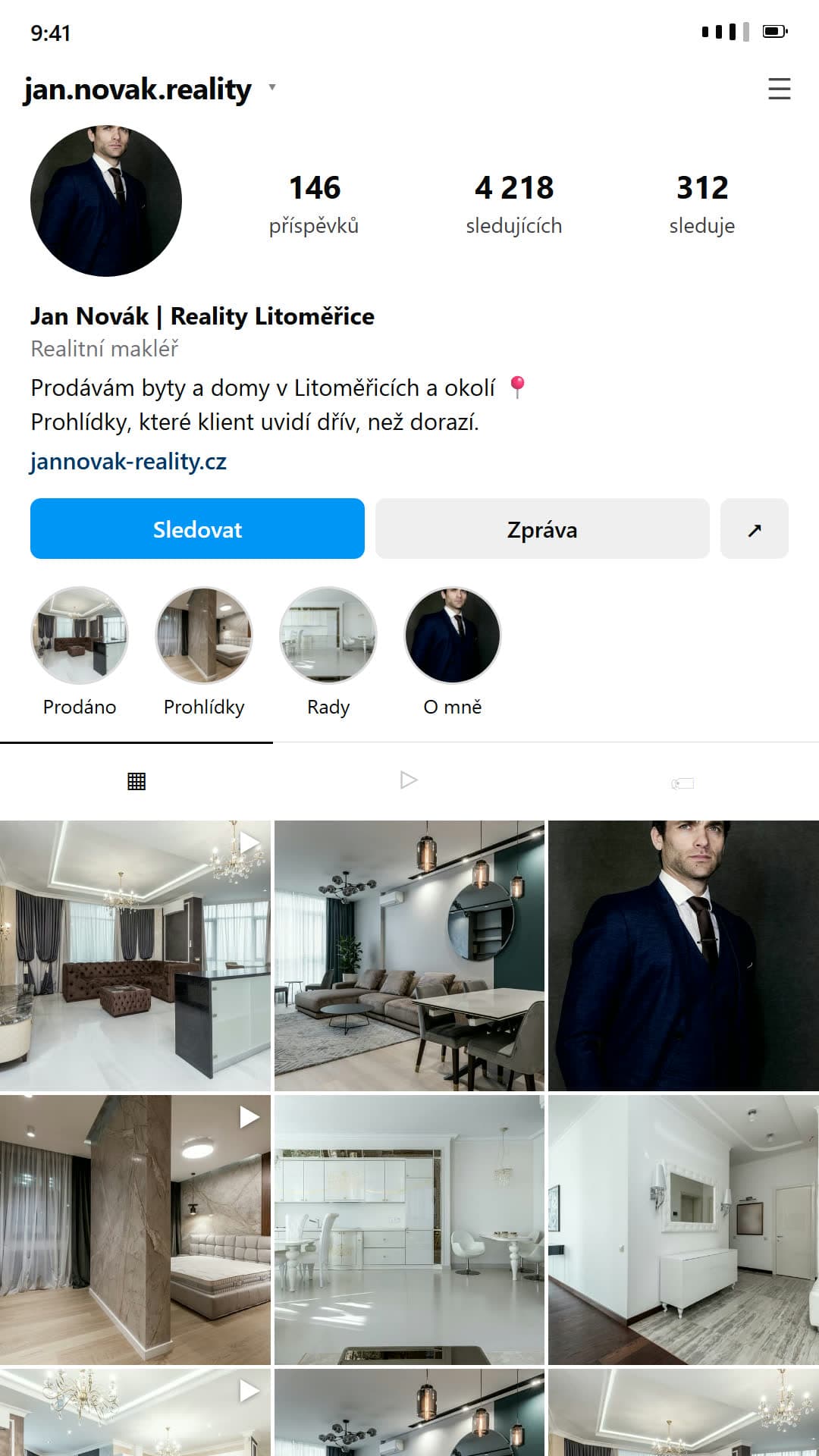 Profesionálně vedený instagramový profil téhož člověka: 4 218 sledujících, konzistentní grid a portrét