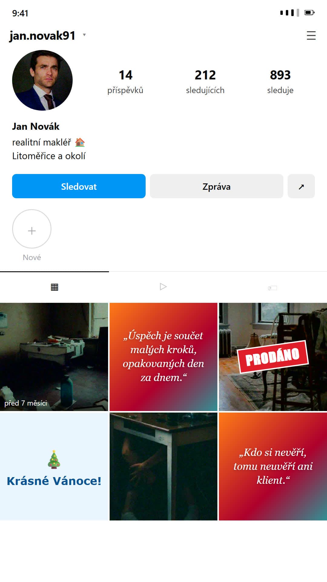 Zanedbaný instagramový profil: 212 sledujících, poslední příspěvek před sedmi měsíci, tmavé fotky a citáty